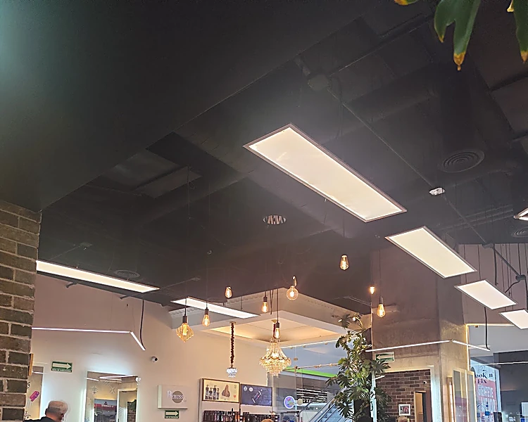 Interior del salón con techo negro, paneles de luz, focos de filamento colgantes, candil de cristal, pilar de ladrillo y la recepción al fondo